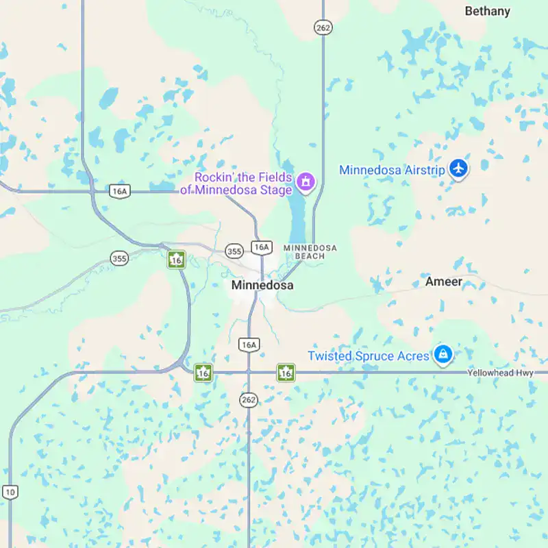 Map of Minnedosa, Manitoba highlighting key locations like Minnedosa Beach, Minnedosa Airstrip, and Twisted Spruce Acres.