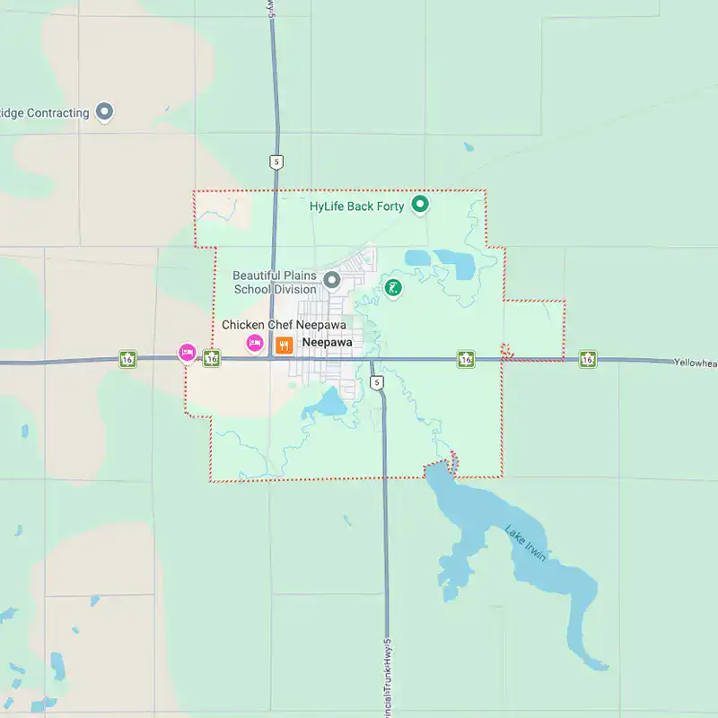 A detailed map of Neepawa, Manitoba, highlighting key locations including local schools, businesses, and natural features such as lakes and parks.