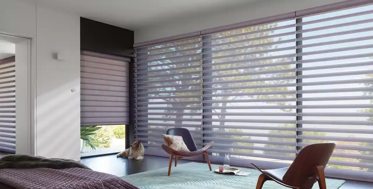 Bright, spacious window treatments in living room featuring zebra blinds and natural light.