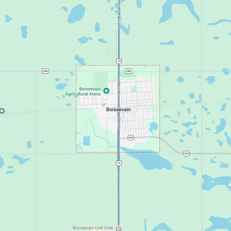 Map of Boissevain, Manitoba showing main roads, agricultural areas, and local landmarks.