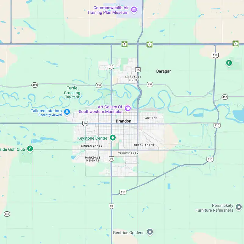 Map of Brandon, Manitoba highlighting neighborhoods, parks, and landmarks.