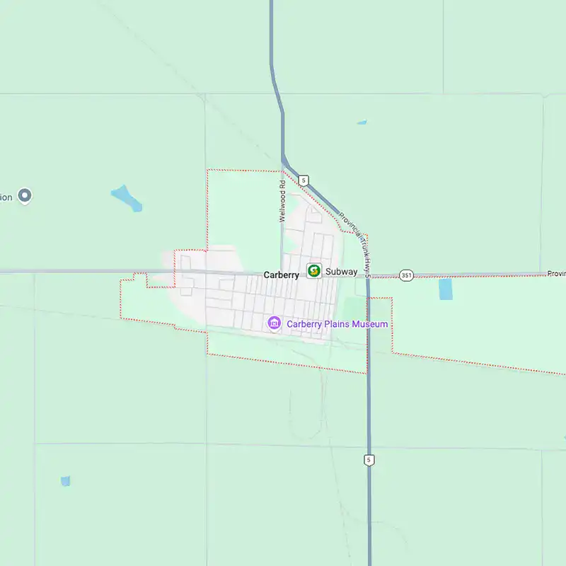 Detailed map of Carberry, Manitoba highlighting key locations and streets.