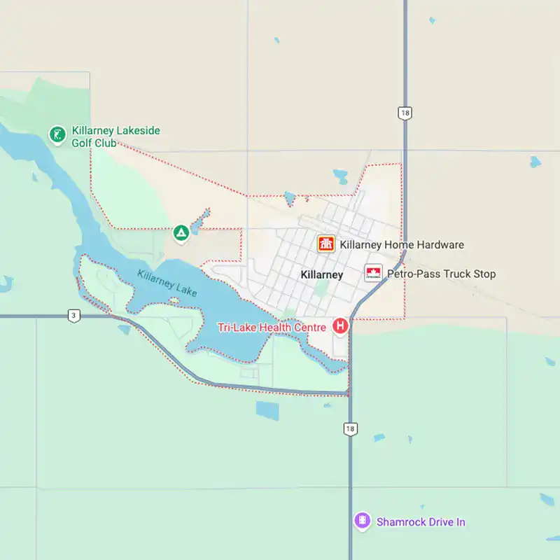 Map of Killarney, Manitoba showing lakes, parks, and local landmarks including Killarney Lakeside Golf Club and Tri-Lake Health Centre.