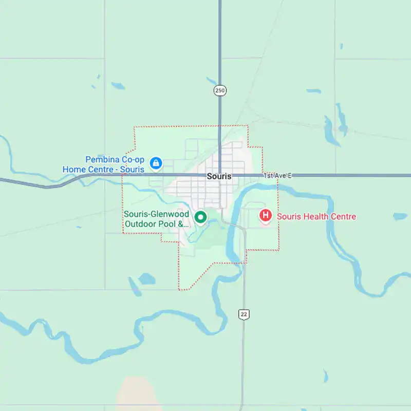 Detailed map of Souris, Manitoba highlighting the town, outdoor pool, and health centre.