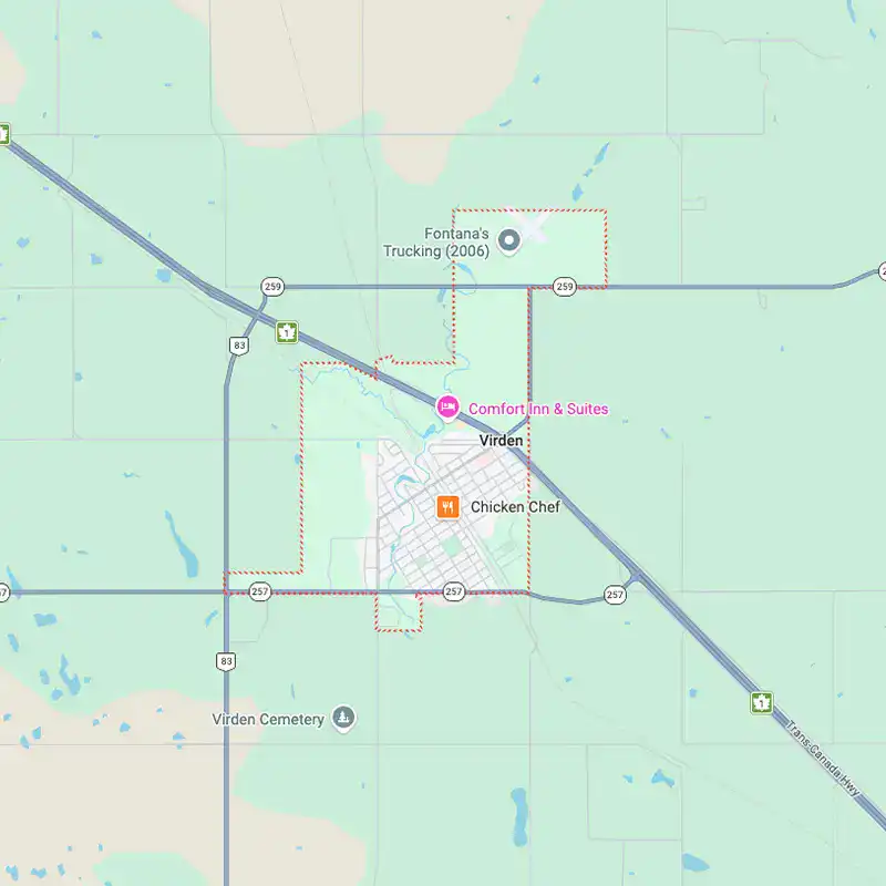 Detailed map of Virden, Manitoba, highlighting key locations and streets.